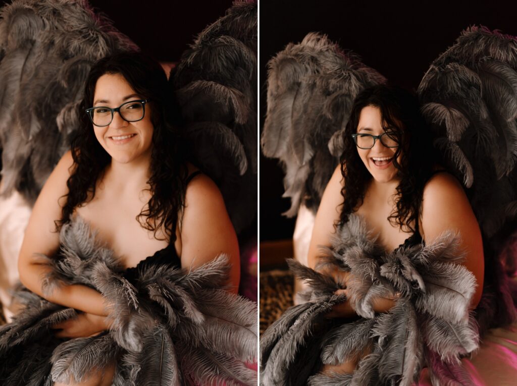 Orlando luxury boudoir photographer capturing woman in studio session with angel wings