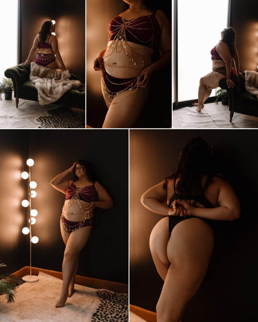 Empowering boudoir photo shoot in Florida with size-inclusive wardrobe